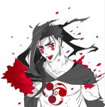  1boy angry blood blue_hair bodypaint cu_chulainn_(fate)_(all) cu_chulainn_alter_(fate/grand_order) dark_persona detached_hood earrings facepaint fate/grand_order fate_(series) jewelry long_hair looking_at_viewer male_focus muscle nozawa open_mouth ponytail red_eyes sharp_teeth shirtless slit_pupils solo spiked_hair teeth tongue tongue_out type-moon white_background 