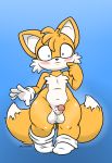  2_tails absurd_res anthro balls blue_eyes blush canid canine chest_tuft clothing erection footwear fox genitals head_tuft hi_res looking_at_viewer male mammal miles_prower multi_tail penis pillothestar simple_background socks solo sonic_the_hedgehog_(series) thick_thighs tuft wide_eyed yellow_body 