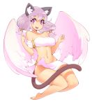  1girl :d angel_wings animal_ears barefoot blush breasts bright_pupils cat_ears cat_tail commentary commission english_commentary full_body grey_hair halphelt looking_at_viewer low_twintails medium_breasts navel open_mouth original purple_eyes round_teeth simple_background smile solo strapless tail teeth tubetop twintails upper_teeth white_background white_pupils white_wings wings 