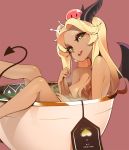  1girl :d blonde_hair breasts brown_hair brown_nails cleavage commentary commission crown cup dark_skin dark_skinned_female demon_girl demon_horns demon_tail demon_wings english_commentary eyeshadow feet_out_of_frame fingernails from_side green_eyes halphelt hand_up head_tilt horns in_container in_cup long_hair looking_at_viewer looking_to_the_side makeup medium_breasts minigirl multicolored_hair nail_polish nude open_mouth original pink_background round_teeth simple_background smile solo steam tail tea teeth upper_teeth wings 
