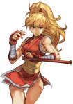  1girl bangs blonde_hair brown_eyes cowboy_shot final_fight genryuusai_maki hands_up hungry_clicker long_hair pelvic_curtain ponytail simple_background sleeveless solo street_fighter tonfa weapon white_background 