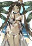  1girl animal_hair_ornament arm_behind_back ass_visible_through_thighs bangs bikini border breasts brown_eyes brown_hair cleavage closed_mouth collarbone contrapposto dappled_sunlight eyewear_on_head fate/grand_order fate_(series) floating_hair groin highres long_hair looking_at_viewer medium_breasts micro_bikini navel oshage_(user_kpsn5534) palm_tree shiny shiny_hair side-tie_bikini solo standing sunglasses sunlight swimsuit thigh_gap tree very_long_hair white_bikini white_border yu_miaoyi_(swimsuit_lancer) 