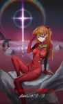  1girl absurdres alenx_kevin arm_support blue_eyes blurry blurry_background bodysuit brown_hair closed_mouth copyright_name evangelion:_3.0+1.0_thrice_upon_a_time eyepatch headgear highres long_hair looking_at_viewer neon_genesis_evangelion plugsuit rebuild_of_evangelion red_bodysuit shikinami_asuka_langley shiny shiny_hair sitting solo souryuu_asuka_langley 