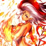  1girl bare_shoulders breasts dark_skin destiny_child facial_mark fire forehead_mark hestia_(destiny_child) highres kurowana long_hair looking_at_viewer looking_back multicolored_hair pointy_ears red_eyes red_hair solo white_hair 