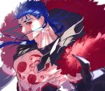  1boy abs alternate_hairstyle blue_hair bodypaint closed_mouth cu_chulainn_(fate)_(all) cu_chulainn_alter_(fate/grand_order) dark_persona earrings facepaint fate/grand_order fate_(series) fur hair_down hood hood_down jewelry long_hair looking_back male_focus muscle nipples red_eyes shiny shirtless simple_background skin_tight smile solo spiked_hair spikes type-moon uni_(nico02) white_background 