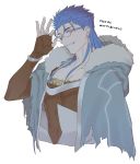  1boy adjusting_eyewear blue_hair bracelet capelet closed_mouth cu_chulainn_(fate)_(all) cu_chulainn_(fate/grand_order) earrings fate/grand_order fate_(series) fur-trimmed_hood fur_trim glasses grin highres hood hood_down hooded_capelet jewelry long_hair looking_at_viewer male_focus muscle red_eyes simple_background skin_tight smile solo spiked_hair type-moon uni_(nico02) white_background 