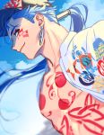  1boy alternate_costume baseball_cap beads blue_hair blue_sky bodypaint closed_mouth cloud cu_chulainn_(fate)_(all) cu_chulainn_alter_(fate/grand_order) dark_persona earrings facepaint fate/grand_order fate_(series) floating_hair from_side hair_beads hair_ornament hat jewelry long_hair looking_back male_focus muscle nipples open_clothes open_shirt ponytail red_eyes sky smile solo spiked_hair spikes studded_hat type-moon under_the_same_sky uni_(nico02) 