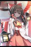  1girl absurdres ascot bow brown_hair commentary_request detached_sleeves eyebrows_visible_through_hair hair_bow hair_tubes hakurei_reimu highres holding holding_umbrella iyo_(ya_na_kanji) lantern letterboxed long_hair looking_at_viewer oil-paper_umbrella red_bow red_eyes red_skirt skirt solo touhou umbrella wide_sleeves yellow_neckwear 