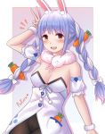  1girl :3 :d animal_ear_fluff animal_ears bangs bare_shoulders black_legwear blue_hair blush braid breasts bunny_ears carrot carrot_hair_ornament cleavage cowboy_shot detached_sleeves don-chan_(usada_pekora) dress extra_ears eyebrows_visible_through_hair food_themed_hair_ornament gradient gradient_background hair_ornament hand_up highres hololive long_hair looking_at_viewer medium_breasts multicolored_hair nino_berlin open_mouth outside_border pantyhose pink_background scarf smile strapless thick_eyebrows twin_braids two-tone_hair upper_teeth usada_pekora v virtual_youtuber white_dress white_hair wrist_cuffs 