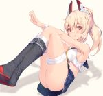  1girl absurdres ass ayanami_(azur_lane) azur_lane bangs bare_shoulders black_footwear blue_sailor_collar boots breasts commentary_request crop_top crossed_ankles eyebrows_visible_through_hair hair_between_eyes hair_ornament headgear highres knees_up long_hair looking_at_viewer medium_breasts nakazawa_aki navel outstretched_arms ponytail red_eyes sailor_collar school_uniform serafuku shirt simple_background sitting skirt sleeveless sleeveless_shirt smile solo thighhighs thighs tongue tongue_out white_background 