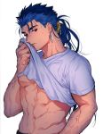  1boy abs alternate_costume alternate_hairstyle biceps blue_hair blush cu_chulainn_(fate)_(all) earrings fang fate/stay_night fate_(series) highres jewelry lancer long_hair male_focus messy_hair multiple_piercings muscle navel pectorals red_eyes scrunchie shirt shirt_lift simple_background slit_pupils solo spiked_hair sweat t-shirt type-moon uni_(nico02) veins white_background yellow_scrunchie 