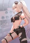  1girl absurdres arm_belt asymmetrical_clothes bangs bikini bikini_top black_bikini black_gloves black_nails black_pants breasts chain cleavage eyebrows_visible_through_hair fate/grand_order fate_(series) fingerless_gloves from_side gloves grey_headwear grin hair_between_eyes hand_on_leg high_ponytail highres indoors jeanne_d&#039;arc_(alter)_(fate) jeanne_d&#039;arc_(fate)_(all) long_hair medium_breasts midriff mystery_treasure nail_polish navel pants silver_hair single_pantsleg smile solo standing stomach swimsuit thigh_strap torn_clothes torn_legwear torn_pants toxic_sun very_long_hair yellow_eyes 