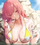  1girl alternate_hairstyle azur_lane bare_arms bare_shoulders blush breasts cleavage collarbone commentary_request day dead_or_alive hair_down hair_tie highres holding honoka_(doa) honoka_(summer_angel_on_the_shore)_(doa) large_breasts long_hair looking_at_viewer luobo_(nsnr8754) mouth_hold outdoors partially_submerged pink_eyes pink_hair rock solo star_(symbol) two-tone_bikini upper_body water wet wet_hair 