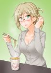  1girl absurdres alternate_costume anti_(untea9) bangs blush breasts brown_hair chopsticks cleavage collarbone commentary_request cup_noodle cup_ramen eyebrows_visible_through_hair folded_ponytail food glasses gradient gradient_background green_background green_eyes grey_shirt highres holding holding_chopsticks kantai_collection katori_(kantai_collection) large_breasts long_sleeves looking_at_viewer nissin noodles open_mouth parted_bangs shirt short_hair solo 