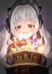  1girl alternate_costume animal_ears bangs birthday_cake black_ribbon blunt_bangs cake candle cantaloupe cat_ears chocolate_cake cloud dark food fruit gothic_lolita grey_hair hair_intakes hand_on_own_cheek hand_on_own_face happy_birthday highres hololive lolita_fashion long_hair murasaki_shion nap_creator purple_background ribbon solo very_long_hair virtual_youtuber yellow_eyes 