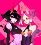  2girls :p bare_shoulders black_gloves black_hair black_sclera bob_cut body_freckles borrowed_character breasts cleavage_cutout clothing_cutout colored_skin commentary covered_navel elbow_gloves english_commentary facial_mark forked_tongue freckles gloves gradient_hair halphelt heart_cutout highres horns leotard long_tongue looking_at_viewer multicolored_hair multiple_girls navel nes_(halphelt) one_eye_closed original pink_background purple_hair purple_leotard purple_skin red_eyes slit_pupils small_breasts smile tongue tongue_out yellow_eyes 
