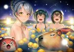  3girls :d ^_^ bangs blush breasts closed_eyes closed_mouth collarbone eyebrows_visible_through_hair fang food fruit kantai_collection lantern looking_at_viewer multiple_girls night night_sky nude onsen open_mouth outdoors partially_submerged rock sagiri_(kantai_collection) sky smile star_(sky) starry_sky steam tokitsukaze_(kantai_collection) towel towel_on_head unowen upper_body water wet yukikaze_(kantai_collection) 