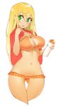  1girl ass_visible_through_thighs bikini blonde_hair blush bottle bright_pupils capelet chestnut_mouth commentary commission cowboy_shot cropped_legs english_commentary gal_gohan gradient_hair green_eyes hair_ornament hairclip halphelt holding holding_bottle long_hair looking_at_viewer multicolored_hair navel okazaki_miku open_mouth orange_bikini red_capelet simple_background solo standing swimsuit thigh_gap upper_teeth water_bottle white_background white_pupils 