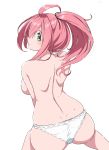  1girl ahoge ass back backboob blush breasts character_request commentary copyright_request english_commentary frilled_panties frills from_behind green_eyes hair_ribbon high_ponytail kay_yu large_breasts long_hair looking_at_viewer looking_back mole mole_on_body panties pink_hair ponytail profile ribbon shoulder_blades sideboob sidelocks simple_background sitting solo topless underwear white_background white_panties 