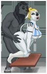  anthro bench big_breasts blue_sclera bodily_fluids border bottomless breasts canid canine canis clothed clothing doggomeatball domestic_dog dreadlocks drooling duo ear_piercing ear_ring eyebrows eyes_closed felid female female_penetrated footwear from_behind_position hair half-closed_eyes hi_res kneeling locker_room looking_back male male/female male_penetrating male_penetrating_female mammal narrowed_eyes nude open_mouth pantherine penetration piercing pit_bull saliva sex socks thick_thighs white_border 