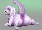  2020 2_toes absurd_res anus butt dankflank digital_media_(artwork) eyelashes female genitals goodra gradient_background green_eyes hi_res looking_at_viewer lying nintendo on_front pok&eacute;mon pok&eacute;mon_(species) pussy raised_tail shadow simple_background smile solo toes video_games 