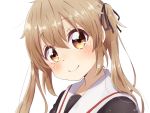  1girl black_serafuku brown_eyes commentary_request head_tilt kantai_collection light_brown_hair long_hair looking_at_viewer murasame_(kantai_collection) ren_kun sailor_collar school_uniform serafuku simple_background smile solo twintails upper_body white_background white_sailor_collar 