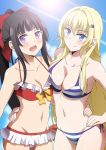  2girls :d bangs bare_arms bare_shoulders bikini bikini_skirt black_hair blonde_hair blue_eyes blue_sky blunt_bangs bow breast_press breasts claudia_bruford cleavage closed_mouth cloud collarbone cowboy_shot day frilled_bikini frills hair_bow hair_ornament hairclip hand_on_another&#039;s_waist hand_on_hip hara_(harayutaka) highres medium_breasts muguruma_miyako multiple_girls navel open_mouth outdoors purple_eyes red_bikini senyoku_no_sigrdrifa sidelocks sky small_breasts smile standing striped striped_bikini sunlight swimsuit upper_teeth white_bikini 