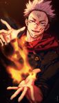  1boy black_background black_jacket blood blood_on_face embers extra_eyes facial_tattoo fire flame gakuran highres hood hood_down hoodie itadori_yuuji jacket jujutsu_kaisen litchi long_sleeves looking_at_viewer magic male_focus open_hands open_mouth pink_hair red_eyes red_hoodie ryoumen_sukuna_(jujutsu_kaisen) school_uniform short_hair sleeve_rolled_up smile solo spiked_hair tattoo upper_body 