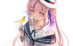  1girl absurdres arknights bird bird_on_hand ceylon_(arknights) collarbone commentary double_bun eyebrows_visible_through_hair gloves hat highres looking_at_animal maria_(syake-uni) multicolored_hair pink_hair sailor_collar shirt sketch smile solo streaked_hair tied_hair upper_body white_background white_gloves white_shirt yellow_eyes 
