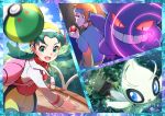  1boy 1girl absurdres bangs blue_headband blush celebi cloud commentary_request cropped_jacket day eyelashes friend_ball gen_1_pokemon gen_2_pokemon gengar green_eyes green_hair headband highres holding holding_poke_ball ilex_forest jacket kris_(pokemon) long_hair long_sleeves morty_(pokemon) mythical_pokemon open_mouth outdoors parted_bangs pink_bag poke_ball poke_ball_(basic) pokemon pokemon_(creature) pokemon_(game) pokemon_gsc pon_yui shiny shiny_hair sky throwing tongue twintails white_jacket 