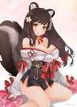 1girl animal_ears artist_name azur_lane bell bell_collar black_sash bow breasts brown_hair brown_tail collar feet_out_of_frame flower hair_flower hair_ornament highres japanese_clothes kimono large_breasts large_tail looking_at_viewer naganami_(azur_lane) off-shoulder_kimono off_shoulder orange_eyes red_bow saekiya_sabou sash simple_background solo tail white_flower white_kimono wide_sleeves 