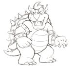  anthro black_and_white bowser cuffs_(disambiguation) eyebrows male mario_bros monochrome nintendo open_mouth simple_background sketch smile solo spikes teeth_showing thegreatmatsutzu thick_eyebrows tongue_showing video_games white_background 