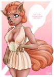  absurd_res anthro blush breasts canid canine cleavage clothed clothing dialogue dress embarrassed female fingernails fur hair hi_res mammal medium_breasts multi_tail nails navel nerdroid nintendo open_mouth pok&eacute;mon pok&eacute;mon_(species) solo video_games vulpix 