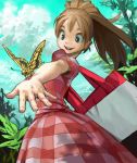  1girl aqua_sky bag brown_hair bug butterfly cloud cloudy_sky commentary_request cowboy_shot day dress green_eyes insect leaf open_mouth original outdoors plaid plaid_dress plant ponytail red_dress short_sleeves shoulder_bag sky smile solo tayama_midori yellow_butterfly 