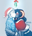  2020 animal_humanoid blue_background blush christmas christmas_clothing christmas_headwear clothed clothing conditional_dnp dragon dragon_humanoid duo english_text female hat headgear headwear hi_res holidays horn human humanoid keiren_(twokinds) kissing madam_reni_(twokinds) male male/female mammal mistletoe plant santa_hat simple_background sketch surprised_expression sweater text tom_fischbach topwear twokinds webcomic 