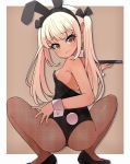  1girl :3 absurdres animal_ears ass bangs bare_shoulders black_eyes breasts bunny_ears dark_skin eyebrows_visible_through_hair fishnet_legwear fishnets highres ibuibu_gakogako long_hair original pantyhose playboy_bunny small_breasts smile solo spread_legs squatting twintails wrist_cuffs 