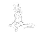  4:3 anthro clothed clothing crossed_legs didelphid hair hair_over_eye hairless_tail hi_res keysquid male mammal marsupial monochrome multi_nipple nipples one_eye_obstructed scratching_neck simple_background sketch solo underwear underwear_only virginia_opossum 