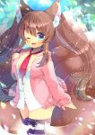  1girl ;d animal_ear_fluff animal_ears bangs black_bow blue_eyes blurry blurry_background blush bow breasts brown_hair cardigan collarbone commentary_request depth_of_field eyebrows_visible_through_hair fang fox_ears fox_girl fox_tail hair_between_eyes hand_up hood hood_down hooded_cardigan kouu_hiyoyo kyuubi long_hair long_sleeves medium_breasts multiple_tails necktie one_eye_closed open_cardigan open_clothes open_mouth original pink_cardigan plushmallow red_neckwear shirt sleeves_past_wrists smile solo striped striped_legwear tail thighhighs twintails very_long_hair white_shirt 
