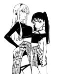  2girls bangs black_hair black_hairband black_shirt blonde_hair breasts commentary_request copyright_request crop_top earrings greyscale hairband hoop_earrings jewelry large_breasts long_hair midriff monochrome multiple_girls navel plaid plaid_skirt shirt simple_background skirt tayama_midori twintails white_background 