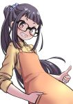  1girl absurdres apron black_hair blush brown_eyes glasses grin hand_in_pocket highres long_hair looking_at_viewer n2midori oogaki_chiaki scrunchie smile solo thumbs_up white_background yurucamp 