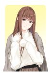  1girl bangs brown_eyes brown_hair closed_mouth coat coat_on_shoulders grey_coat head_tilt highres long_hair long_sleeves looking_at_viewer nayuta69 original smile solo sweater upper_body white_sweater 