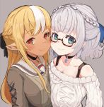  2girls bangs bare_legs black_choker blonde_hair blue_eyes blush bra_strap braid brown_dress cheek-to-cheek choker collarbone commentary dark_elf dark_skin dress elf eyebrows_visible_through_hair french_braid glasses grey_background half_updo hololive jewelry long_hair looking_at_viewer multicolored_hair multiple_girls off-shoulder_sweater off_shoulder orange_eyes pendant pointy_ears ribbed_sweater semi-rimless_eyewear shiranui_flare shirogane_noel sidelocks silver_hair simple_background sketch smile snowflake_pendant standing streaked_hair sweater symbol_commentary under-rim_eyewear upper_body very_long_hair white_sweater yuma_(user_zuft7485) 