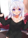  1girl absurdres bare_shoulders black_sweater blurry blurry_background breasts cleavage highres light_particles long_sleeves loose_clothes medium_hair noi_mine open_mouth original purple_eyes sweater white_hair 