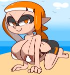  aliasing all_fours animal_humanoid areola areola_slip beach big_breasts bikini bodily_fluids bottomwear breasts cephalopod cephalopod_humanoid clothing female humanoid inkling marine marine_humanoid micro_bikini mollusk mollusk_humanoid nintendo seaside shorts solo splatoon sweat swimwear video_games vilepluff 