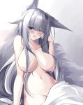 1girl animal_ears areola_slip areolae azur_lane breasts eyebrows_visible_through_hair fox_ears fox_girl grey_hair hair_between_eyes hair_censor highres kyuubi large_breasts large_tail long_hair multiple_tails nude on_bed one_eye_closed purple_eyes shinano_(azur_lane) simple_background solo tail very_long_hair yan_lie 