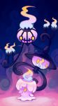  2014 chandelure commentary creature emiliefox english_commentary fire flame floating full_body gen_5_pokemon ghost highres lampent litwick looking_at_another no_humans pokemon pokemon_(creature) signature smile yellow_eyes 