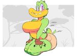  anthro bottomwear breasts clothed clothing crocodile crocodilian crocodylid featureless_breasts female hi_res looking_at_viewer non-mammal_breasts plant reptile scalie shorts solo sydney_swamp_(vimhomeless) tailwag topless tree vimhomeless 