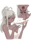  1girl blush breasts camisole cheese cheese_trail choker cleavage dark_skin eating eyebrows_visible_through_hair food grey_hair holding holding_food holding_pizza large_breasts long_hair open_mouth original pepperoni pizza pizza_slice red_eyes royal_tea saliva solo tongue tongue_out upper_body white_camisole 
