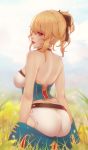  1girl ass back bangs bare_shoulders black_bow blonde_hair blue_eyes blue_sky bow breasts cloud corset genshin_impact grass hair_between_eyes hair_bow halterneck high_ponytail jean_gunnhildr large_breasts pants ponytail sideboob sidelocks skin_tight sky soranamae tight tight_pants white_pants 