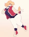  absurd_res anthro blonde_hair blush bottomwear canid canine canis clothed clothing coffuu domestic_dog eyewear female floppy_ears footwear glasses hair hi_res high_top_sneakers jacket looking_at_viewer mammal short_tail shorts slightly_chubby smile socks solo thick_thighs topwear white_body 